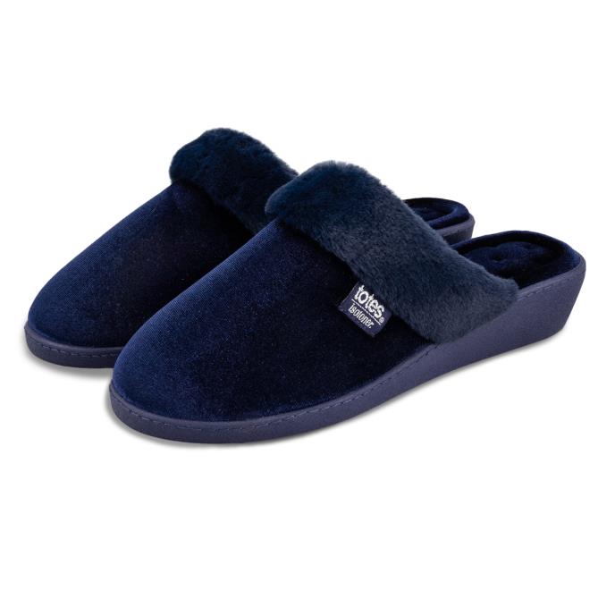 Isotoner® Ladies Sparkle Velour Heeled Mule Navy Extra Image 1